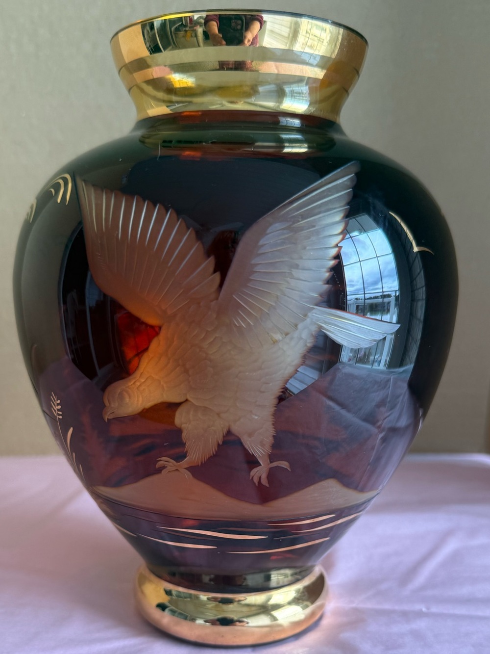 VTG Bohemian Glass Vase 8" Ruby Red Amber Etching Gold Gilt Egermann Style EUC